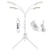 A white grow light with multiple adjustable heads on a tripod stand, along with its power adapter and a remote control, displayed against a white background. Produktbild-Vorschau