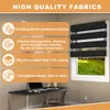 A desk with a laptop and a window with blinds, with text describing the features of the blinds. Voir les images du produit