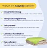 A graphic with text explaining the benefits of an Easybed product, alongside an image of a folded duvet. Produktbild-Vorschau