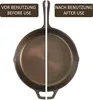 A cast iron frying pan is shown split down the middle, with the left side labeled 'Before Use' and the right side labeled 'After Use'. Náhled obrázku produktu