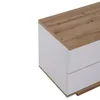 A close-up view of the corner of a TV lowboard with two drawers. Voir les images du produit