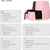 A pink air fryer is shown next to text boxes detailing its features in multiple languages. Anteprima dell’immagine prodotto