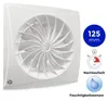 A close-up of a white ventilation fan, likely for a bathroom, with informational icons and text overlays. Produktbild-Vorschau