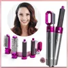 A collage-style image featuring a woman's headshot in a circle, a set of hair styling attachments, and the main hair styling tool with attachments. The background is white with pink accents. Produktbild-Vorschau