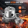 A close-up of a VEVOR rotary table with a chuck, set against a fiery, rocky background with marketing text overlays highlighting product features. Produktbild-Vorschau