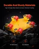 A yellow furniture dolly with red wheels is shown on a dark, rocky surface, with text overlays highlighting its features. Podgląd zdjęcia produktu