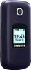 A dark blue Samsung flip phone is shown from the front, with the screen displaying the time and date. Produktbild-Vorschau