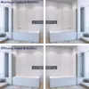 A collage of four images showing a bathtub shower screen from different angles and configurations. Produktbild-Vorschau