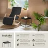 A rocking chair and a small side table are shown in a room setting, with plants and a window in the background. Text overlays describe the features of the side table. Produktbild-Vorschau