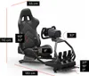 A racing simulator cockpit with a seat, steering wheel, and pedals, with dimensions and angles indicated by text overlays. Produktbild-Vorschau