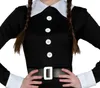 Close-up of a person wearing a black dress with white collar and cuffs, and white buttons down the front. The person has braided hair. Náhled obrázku produktu