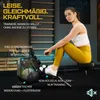 A woman is using a rowing machine in a gym-like setting, with text overlays highlighting product features. Produktbild-Vorschau