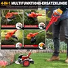 A collage of images showing different attachments for a garden trimmer, with a person holding the trimmer in the background and a wheeled trimmer at the bottom. Produktbild-Vorschau