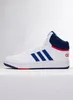 A white Adidas Hoops Mid 3.0 K sneaker with blue stripes and red accents, shown from the side against a white background. Produktbild-Vorschau