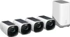 A set of four white security cameras with solar panels on top and a white base station. Produktbild-Vorschau