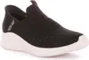 A black Skechers slip-on sneaker with a white sole, shown from the side against a white background. Náhľad obrázku produktu