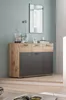A modern sideboard with a wood and gray finish, decorated with vases and a framed picture on top, set against a light blue wall. Produktbild-Vorschau
