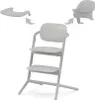 A light gray high chair with two detachable parts shown with arrows indicating how they attach. Podgląd zdjęcia produktu