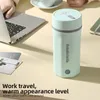A portable kettle is placed on a desk next to a laptop, with a hand typing on the keyboard, suggesting a work or travel scenario. Produktbild-Vorschau