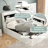 A white upholstered bed frame with storage compartments in the headboard and under the mattress, along with illustrative icons for clothing and blankets. Anteprima dell’immagine prodotto