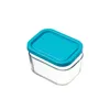 A clear studio shot of a glass food container with a turquoise lid. Produktbild-Vorschau