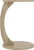A side view of a C-shaped side table with a round base and a flat top, made of wood-like material. Produktbild-Vorschau