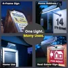 A collage of four images showing a solar light being used in different applications: illuminating an A-frame sign, a home address, a doorway, and a 'For Rent' sign. Produktbild-Vorschau