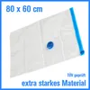 A vacuum storage bag is shown diagonally on a white background with text overlays. Produktbild-Vorschau