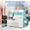 A turquoise and white Medion overlock sewing machine is shown on a table, with clothing items blurred in the background. Produktbild-Vorschau