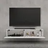 A modern, wall-mounted TV lowboard with a television above it, set against a concrete wall. Produktbild-Vorschau