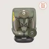 A green car seat is shown against a light gray background. There are two circular icons, one in the top right corner and one on the bottom right side of the car seat. Produktbild-Vorschau