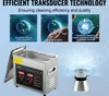 Collage showing a digital ultrasonic cleaner with text and graphics explaining its technology and benefits. Voir les images du produit