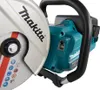 A close-up view of a Makita battery-powered cut-off saw, focusing on the blade guard and motor housing. Voir les images du produit