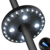 Schwarzes LED-Sonnenschirmlicht mit mehreren hellen weißen LEDs, an einer dunklen Stange befestigt, mit Nahaufnahme einer blauen Batterie im Fach Anteprima dell’immagine prodotto