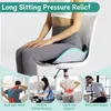 A collage showing a person sitting on a chair with a cushion, and four smaller images illustrating the benefits of the cushion. Produktbild-Vorschau