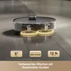 A robotic vacuum cleaner with mopping function is shown cleaning a floor, with feature callouts. Produktbild-Vorschau