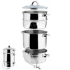 A disassembled stainless steel steamer pot with a glass lid, shown against a white background. Produktbild-Vorschau