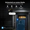 A security camera system marketing image showing features like siren, app, email, and two-way audio, with a person being detected by the camera. Produktbild-Vorschau