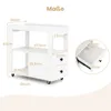 A white rolling side table with drawers and shelves, with dimensions indicated by lines and numbers. Produktbild-Vorschau