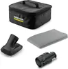 A collection of cleaning accessories for a Kärcher product, including a storage bag, a brush attachment, a microfiber cloth, and an adapter. Produktbild-Vorschau