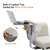 A close-up of a chair armrest with a built-in laptop tray and cup holder, showing a laptop and a coffee cup. Náhľad obrázku produktu