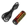A black USB charging cable and a red and yellow 26650 battery are shown on a white background. Produktbild-Vorschau