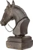 A dark brown horse head bust sculpture with a black chain detail and a gold ring on a white background. Produktbild-Vorschau