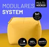 A yellow modular ottoman is shown against a blue and yellow background with text overlays highlighting its features. Produktbild-Vorschau