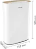 A white air purifier with a brown top trim, shown with dimensions indicated. Produktbild-Vorschau