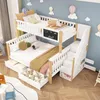 A children's bunk bed with a slide, stairs, and storage drawers, decorated with balloons and clouds on the wall. Produktbild-Vorschau