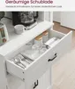 A white kitchen cabinet with an open drawer showing cutlery and glasses. Produktbild-Vorschau
