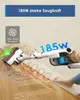A person is using a cordless vacuum cleaner to clean a floor that transitions from wood to carpet. Debris is being sucked up by the vacuum. Produktbild-Vorschau