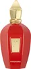 A studio shot of a red and gold perfume bottle. Voir les images du produit