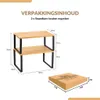 A diagram showing the dimensions of a two-tiered kitchen organizer, with a box also shown with its dimensions. Produktbild-Vorschau